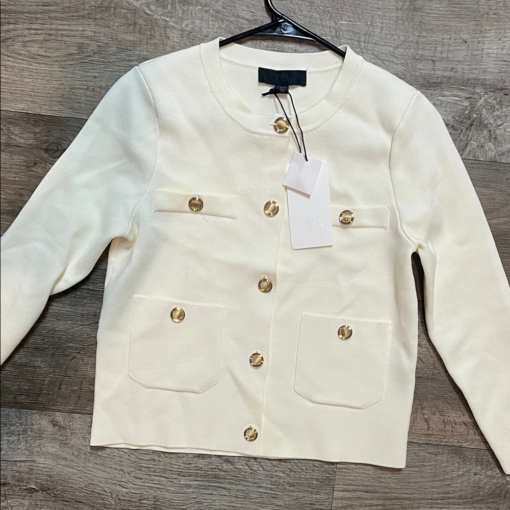Zara Ivory Cardigan with Gold Accents